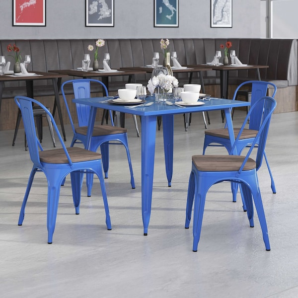 Flash Furniture Blue Metal Stackable Chair with Wood Seat, PK4 4-CH-31230-BL-WD-GG - main